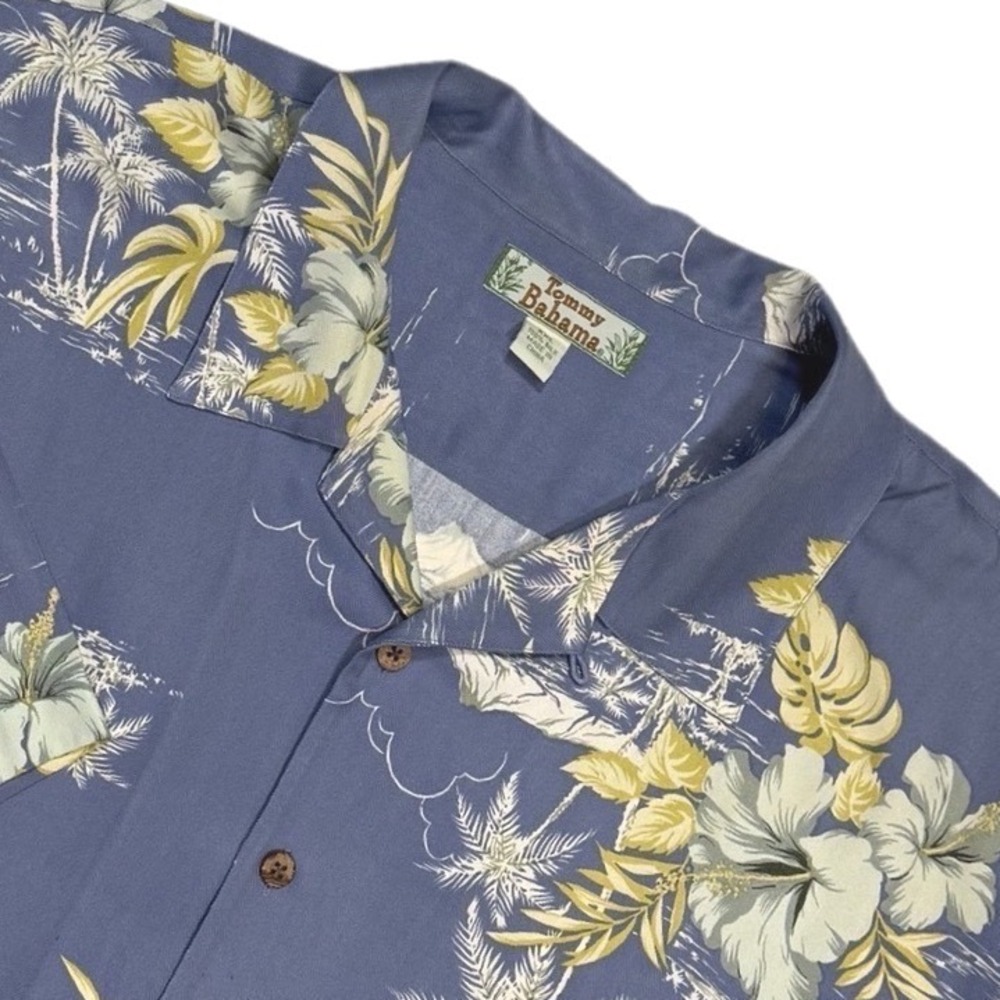 Tommy Bahama Men's 2XL Silk Hawaiian Shirt Blue Floral Palm Tree  Short Sleeve